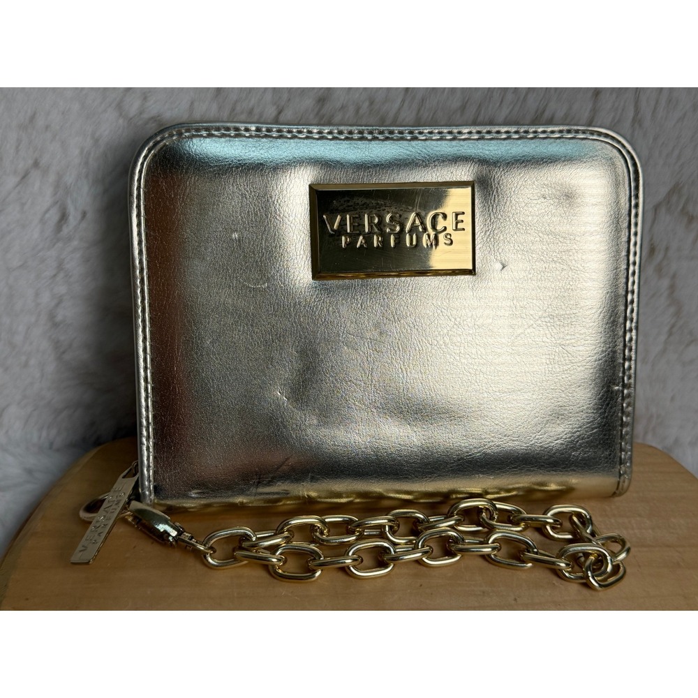 Versace Parfums Gold Metallic Zip Around Wallet with Chain Wristlet Strap